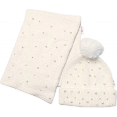 Baby Nellys Zimná čiapka s brmbolcom šál Pearls smotanová