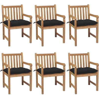 vidaXL Градински столове 6 бр с черни възглавници тиково дърво масив (3073053)