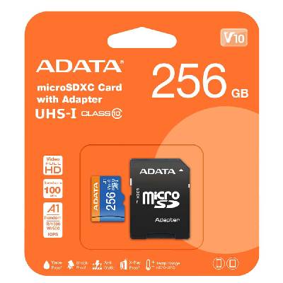 Карта памет 256GB microSDHC с адаптер, A-Data Premier V10 AUSDX256GUICL10A1-RA1, Class 10 UHS-I, скорост на четене до 100MB/s, скорост на запис до 25MB/s (AUSDX256GUICL10A1-RA1)