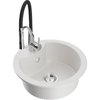 Mexen Diego гранитна кухненска мивка с една камера с кухненски смесител Aster, бял - 6512-20-73450-07 (6512-20-73450-07)