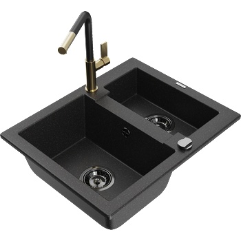 Mexen Carlos гранитна мивка с една и половина камера и кухненски смесител Flora, черно/сребрист металик - 6518-73-670401-57-B (6518-73-670401-57-B)