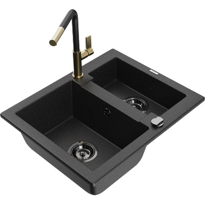 Mexen Carlos гранитна мивка с една и половина камера и кухненски смесител Flora, черно/сребрист металик - 6518-73-670401-57-B (6518-73-670401-57-B)