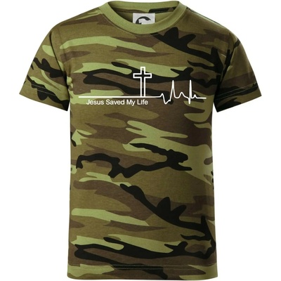Jesus Saved My Life kříž ekg dětské maskáčové triko zelený maskáč