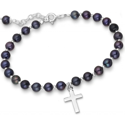 Bangles korálkový Dark Fresh Pearls s přívěskem křížku 2224