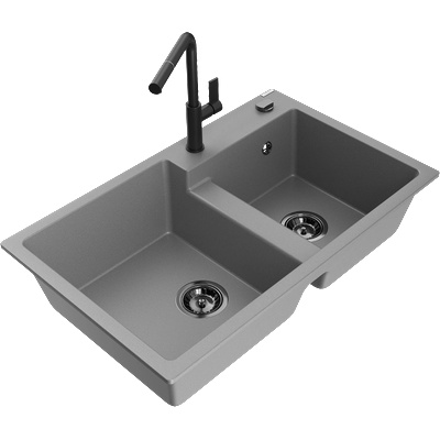 Mexen Tomas гранитна мивка с 2 камери с кухненски смесител Flora, сив - 6516-71-670401-70-B (6516-71-670401-70-B)
