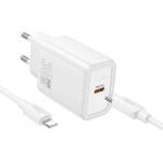 hoco. N62 Променливотоково зарядно устройство Type-C с гнездо 30 W, PD бързо зарядно устройство 3.0 + Lightning кабел, БЯЛО N62_TYPEC_LIGHTNING_W (N62_TYPEC_LIGHTNING_W)