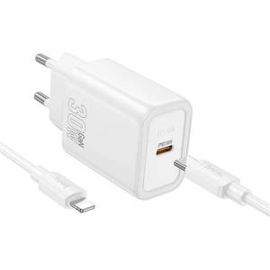 hoco. N62 Променливотоково зарядно устройство Type-C с гнездо 30 W, PD бързо зарядно устройство 3.0 + Lightning кабел, БЯЛО N62_TYPEC_LIGHTNING_W (N62_TYPEC_LIGHTNING_W)