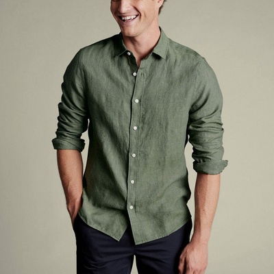 Charles Tyrwhitt Pure Linen lehká lněná košile v popelínové vazbě olive green