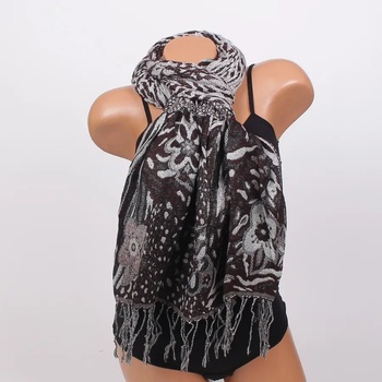 Image 1 of Дамски шал в тъмнокафяво с цветя, ламе и ресни