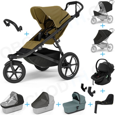 Thule Urban Glide 3 Set 10v1 Nutria green 2024 + madlo + korba Mid blue + pláštěnky a moskytiéry Thule + Autosedačka Thule Maple Black s ISOFIX základnou Thule Alfi a adaptéry