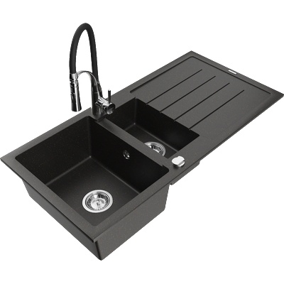 Mexen Andres гранитна мивка с 1, 5 камери с отцедник и кухненски смесител Aster, черен/златен металик - 6515-75-73450-07 (6515-75-73450-07)