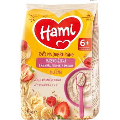 Hami mliečna kaša ovseno - ražná na dobré ráno s malinami, jahodami a banánom 210 g