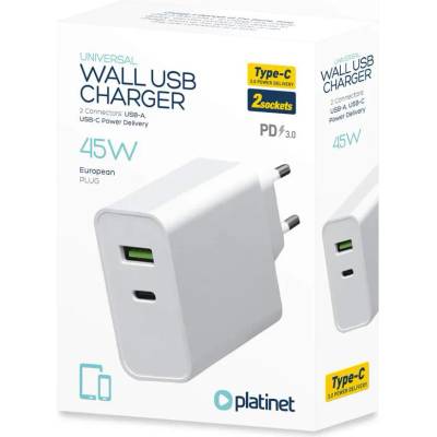 Platinet Wall Charger 45W - захранване за ел. мрежа с USB-A изход и USB-C изход и технология за бързо зареждане (бял)