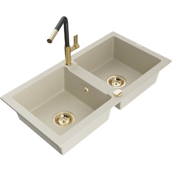 Mexen Mario гранитна мивка с 2 отделения с кухненски смесител Flora, бежов - 6504-69-670401-57-G (6504-69-670401-57-G)