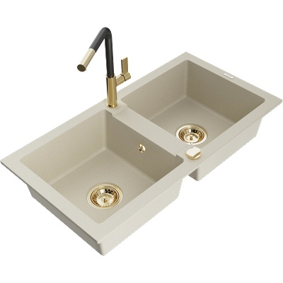 Mexen Mario гранитна мивка с 2 отделения с кухненски смесител Flora, бежов - 6504-69-670401-57-G (6504-69-670401-57-G)