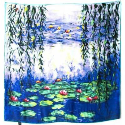 Lekníny Claude Monet dámský hedvábný šátek šála čtvercový modrý květy modrá Waterlilies