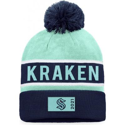 Fanatics pánská Zimní čepice Seattle Kraken Authentic Pro Game & Train Cuffed Pom Knit Traditional Navy-Icy Blue