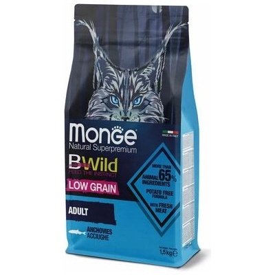 MONGE BWild Cat Low Grain Adult kompletné krmivo pre dospelé mačky s ančovičkami a so znížením obsahom obilnín 1,5 kg