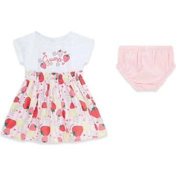 Guess Нежна памучна рокля за бебе момиче с плодове и розов надпис Guess