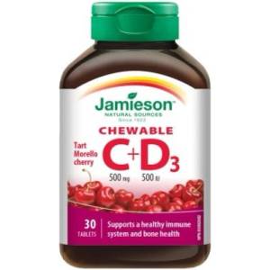 Jamieson Витамини C и D3 500 mg/500 IU таблетки за смучене с вкус на череша 30 таблетки (IP3345)