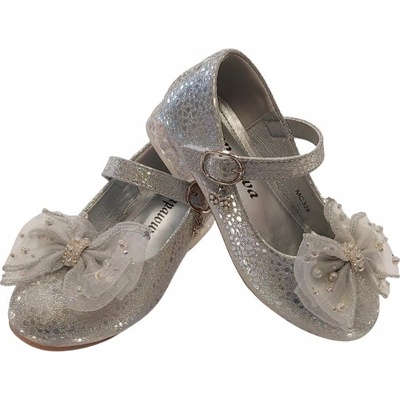 Baleríny polobotky elegantní brokat mašle stříbrné