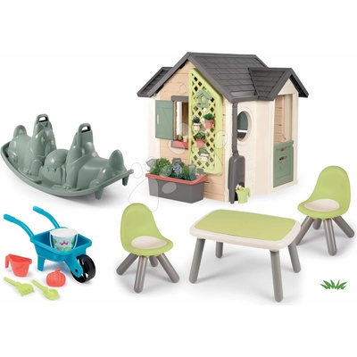 Smoby Set domček pre záhradníka a stôl so stoličkami Garden House Life rozšíriteľný s kvetináčmi a fúrik s náradím a obojstranná hojdačka