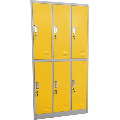 RFG Метален гардероб RFG с шест клетки, троен, с размери 90 x 45 x 185 cm, сив корпус и врати с жълт цвят