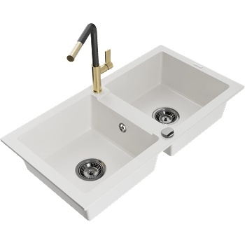 Mexen Mario двоен гранитен мивка с кухненски смесител Flora, бял - 6504-20-670401-57-B (6504-20-670401-57-B)