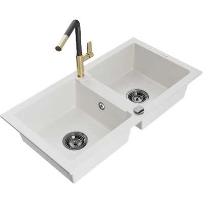 Mexen Mario двоен гранитен мивка с кухненски смесител Flora, бял - 6504-20-670401-57-B (6504-20-670401-57-B)