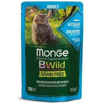 Monge BWILD Grain Free Adult с аншоа и зеленчуци - пауч с хапки в сос, без зърнени храни - за котки в зряла възраст 85 гр