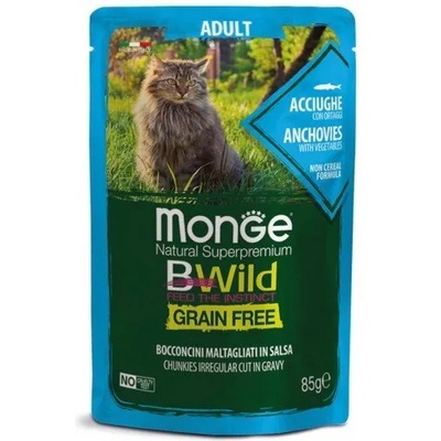 Monge BWILD Grain Free Adult Anchovies пауч за котки с аншоа и зеленчуци хапки в сос 85gr