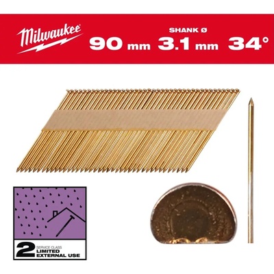 Milwaukee 4932492605 Páskované rámové hřebíky s D-hlavou 34°, 90 mm SS/G/SC2 (2 200 ks)