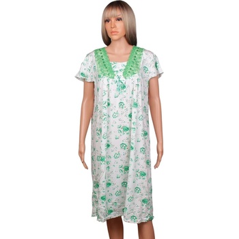 Нощница в бяло със зелени цветя, дантела и панделка