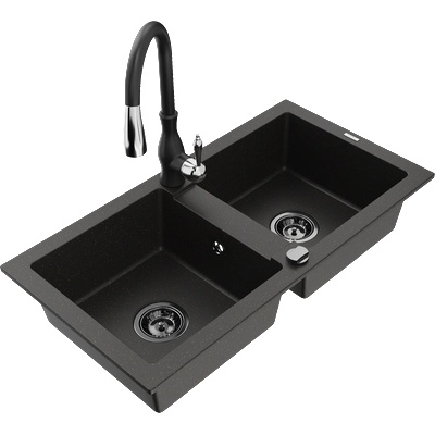Mexen Mario гранитна кухненска мивка с 2 отделения и кухненски смесител Savita, черен/златен металик - 6504-75-672601-70-B (6504-75-672601-70-B)