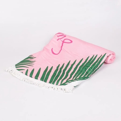 Кръгла плажна кърпа в розов цвят с фламинго