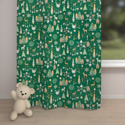 Biante Vianočný bavlnený záves Sandra SA-508 Vianoční škriatkovia a ozdoby na zelenom 150x250 cm