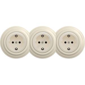 Reblig - Тройна ретро домашна розетка с рамка SCHUKO 230V бежова (RG0136B)