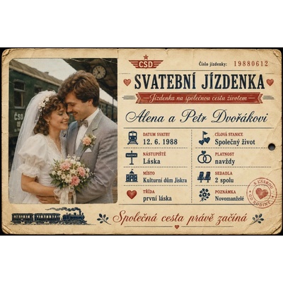 Bezvadary.cz | Svatební pamětní jízdenka s vlastní fotografií - A4 (30x21cm) jízdenka 17