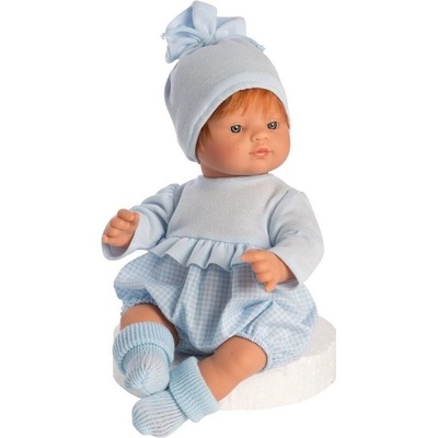 Asi bábätko Guille 36cm v modrom kockovanom overale s čiapkou