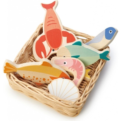 Leaf Toys Seafood Basket Tender drevený košík s morskými plodmi s rybami a mušľami