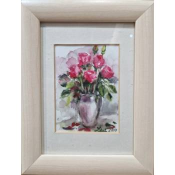 Ružové ružičky vo váze 1 - Mária Lenárdová, originálny, ručne maľovaný obraz S (do veľkosti 45x45cm) Viac farieb