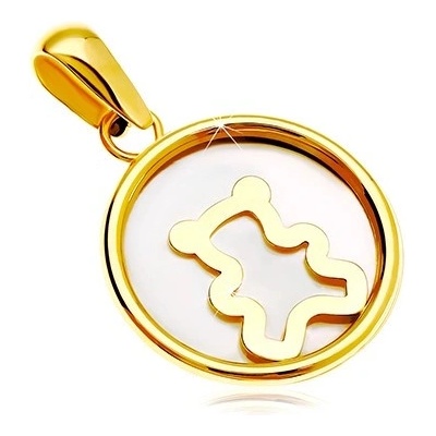Šperky eshop Přívěsek ze žlutého 14K zlata kruh s bílou perletí a medvídkem GG18.08