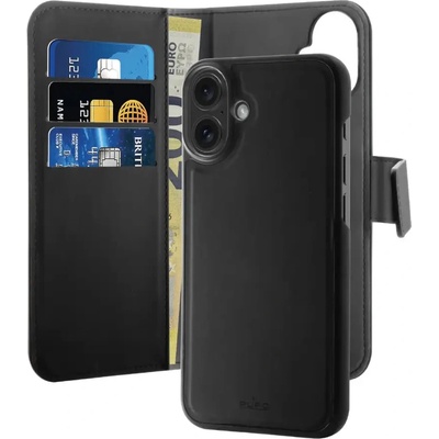 PURO Подвижен калъф Puro Wallet MagSafe 2in1 PU кожен с капак и портфейл за iPhone 16 - черен (PUIPC1661BOOKC3BLK)
