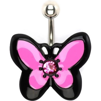 Šperky eshop piercing do bříška z oceli růžovočerný motýl se zirkonem Q3.3