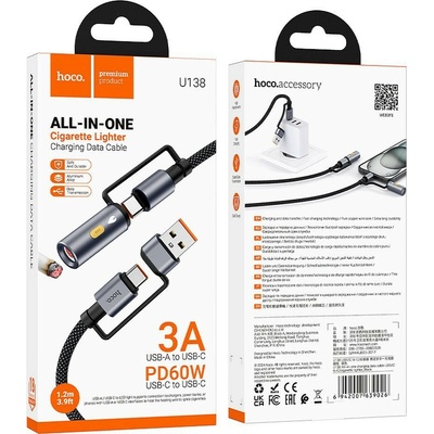 Hoco U138 All-In-One USB A Typ C na Typ C zapalovač 3A 60W 1,2m černý