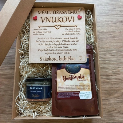 Dekorace z Česka Dárková sada pro vnuka Druh mletí kávy: Zrno, Podpis: Babička a děda, Druh masové skleničky: Hrubá farmářská paštika