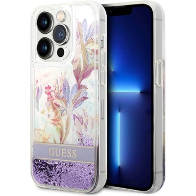 GUESS Liquid Glitter Flower Case - дизайнерски кейс с висока защита за iPhone 14 Pro Max (лилав)
