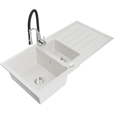 Mexen Andres гранитна мивка с 1, 5 камери с отцедник и кухненски смесител Aster, бяла - 6515-20-73450-07 (6515-20-73450-07)