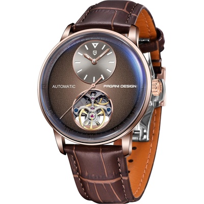 Pagani Мъжки часовник Pagani Design Rimmer, Автоматичен, Естествена кожа, Скелетон, Кафяв / Розов злато (PD-1796-BROWN-ROSEGOLD)