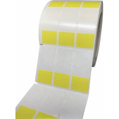 Plastová Etiketa 25 mm x 57 mm, 3 - Produkcia, Polyvinylchlorid PVC Outdoor, Samolaminovacia, Transparentná a žltá, Dutinka 76 mm, 3000 ks/kotúč, Silné lepidlo, Fotoznačka naľavo, najprv žltá